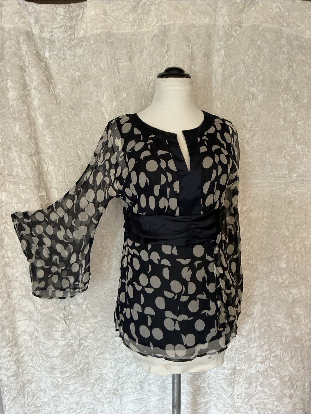 Silk Carole Little Navy Sheer Blouse with Gray Polka Dots and Waist Sash